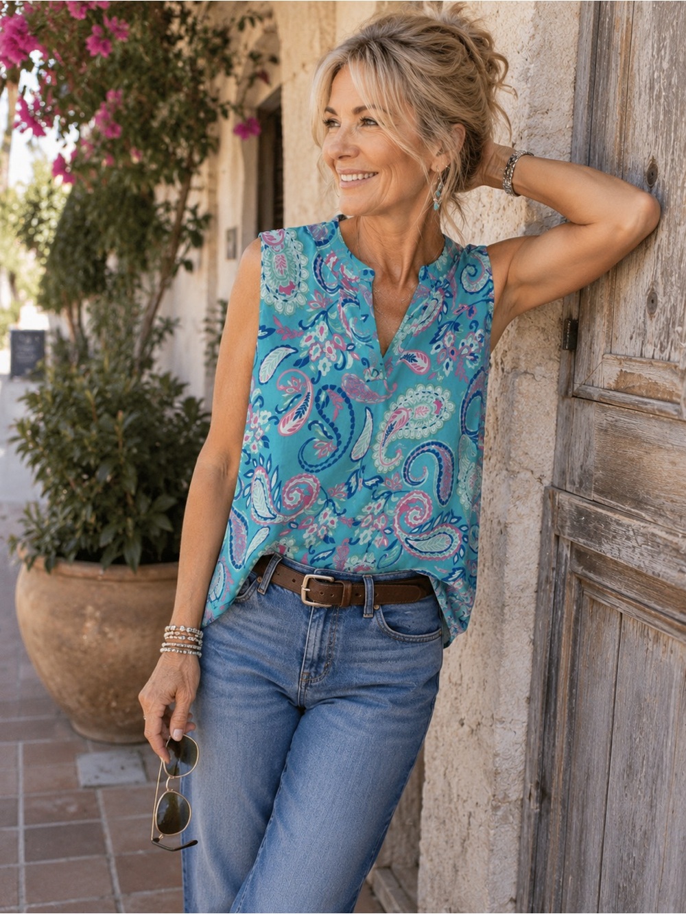 Paisley Split-Neck Sleeveless Camisole in Teal no iron